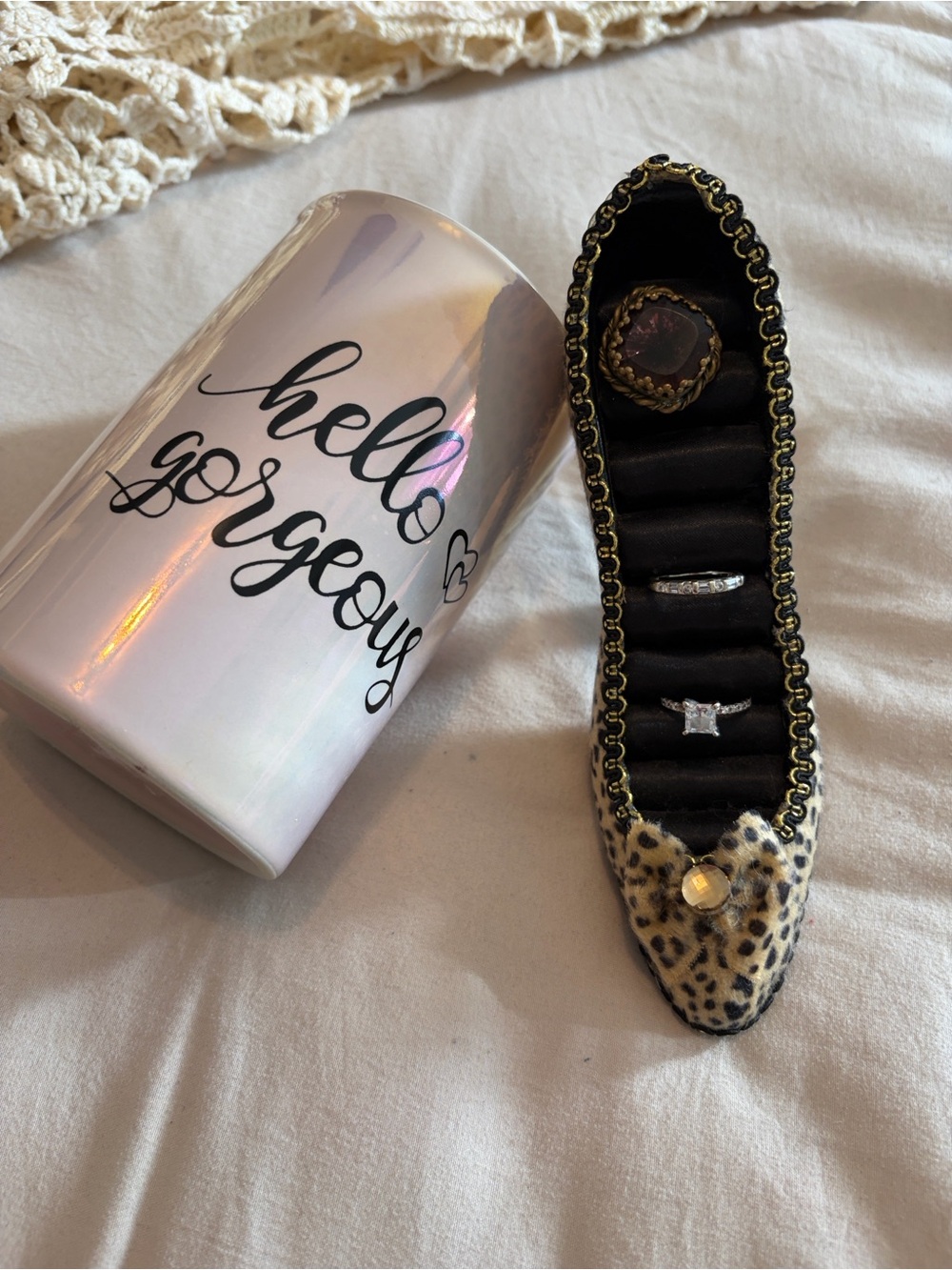 Leopard Velvet High Heel Ring Holder and Pink Makeup Brush Cup
